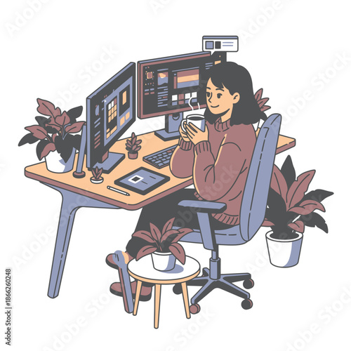 This cheerful flat 2D graphic illustration depicts a young female professional happily working remotely at her ergonomic home office desk, surrounded by monitors and vibrant indoor plants