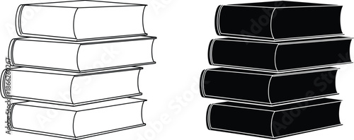 Illustration of Two Stacks of Books, One White Outlined and One Black Fill, Simple