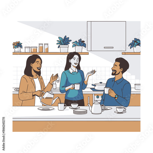 Three employees enjoy a relaxed coffee break, chatting and laughing in a brightly lit modern office kitchen, illustrated in a flat 2D graphic style