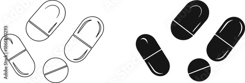 Medical pills and capsules vector set featuring tablets medication symbols for healthcare pharmacy and treatment illustrations
