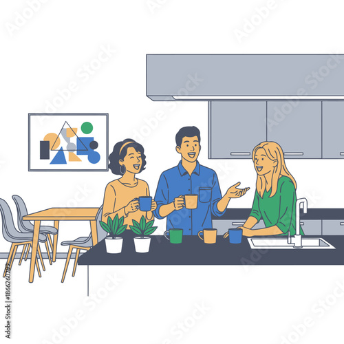 Three happy young coworkers are sharing a casual coffee break near a sleek counter in a corporate breakroom, depicted in a clean 2D flat graphic style