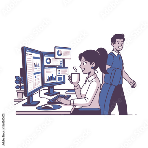 Vibrant 2D flat graphic illustration of a happy, concentrated female professional managing tasks at an ergonomic desk with dual monitors in a productive office environment