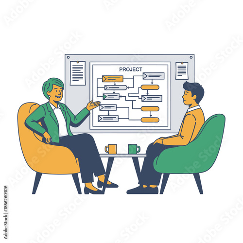 Vibrant 2D flat graphic illustration showing a senior manager mentoring a junior colleague, reviewing a project flowchart on a minimalist wall in a comfortable collaborative zone