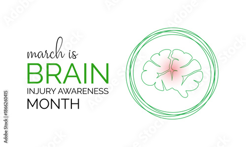 Celebrate Brain Injury Awareness Month in March with a brain and ribbon design, perfect for posters, digital graphics, banners, cards, and online awareness content. Banner poster, flyer and background