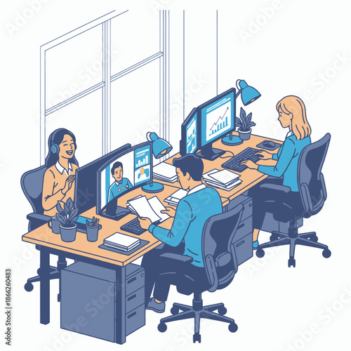 Vibrant 2D flat graphic illustration showing three focused and productive employees collaborating in a bright, modern open office environment
