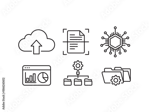 AI Document Automation Workflow Line Icons Set – Cloud Upload, OCR Scanning, Data Processing, System Integration, Dashboard Analytics