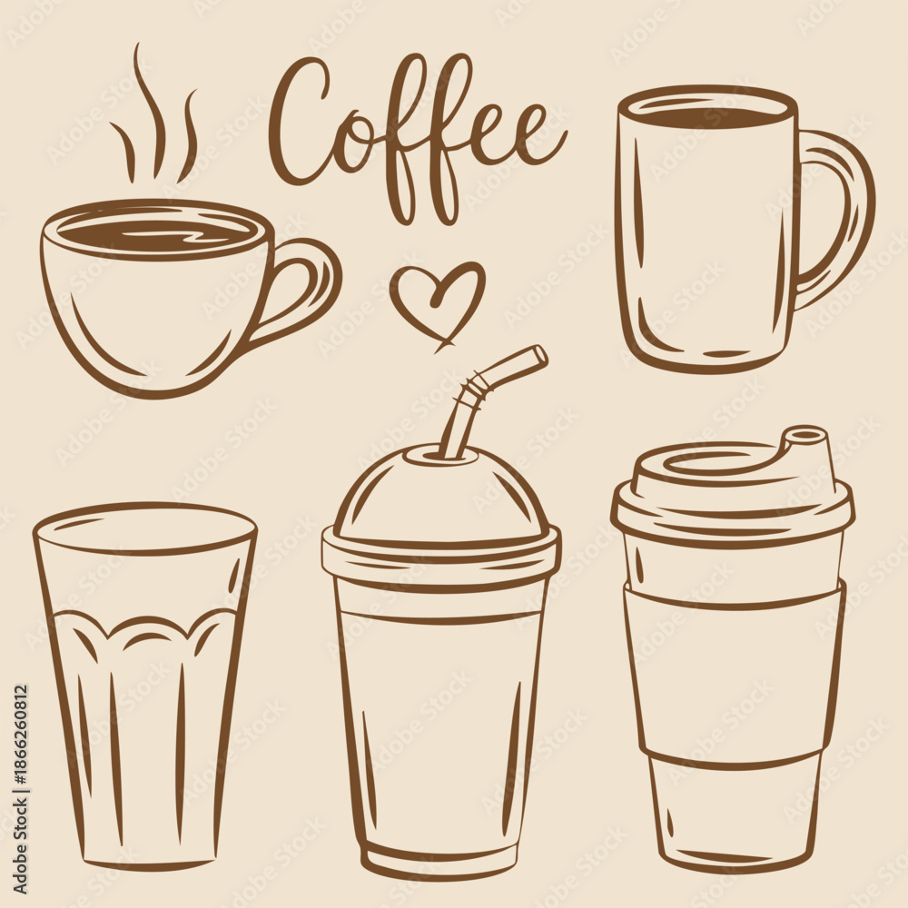 Obraz premium Coffee Line Art Set | Hand Drawn Coffee Cups & Takeaway Drinks