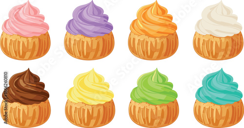 Profiterole collection featuring flat vector designs of various cream puffs with colorful swirl frosting including pink purple orange white chocolate and green.