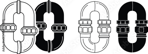 Plumbing Pipes Set Black and White Illustration of Curved UBend Fittings and Connectors