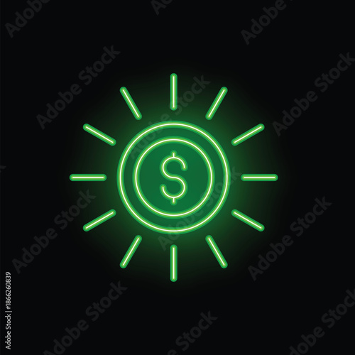 Green neon dollar coin shining like the sun on black background, concept of money, wealth and business