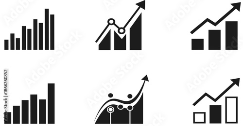 Data growth chart collection featuring black vector icons of various bar graphs and line charts with upward arrows for business success infographics.
