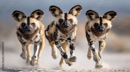 Three African Wild Dogs in Coordinated Pursuit Across a Dusty Savannah Landscape