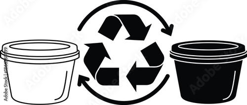 Recycling Plastic Containers Black and White Illustration of Recycling Symbol Between Two Plastic Buckets