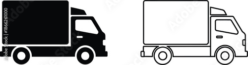 Silhouette and Outline of a Delivery Box Truck, Illustration for Logistics Designs