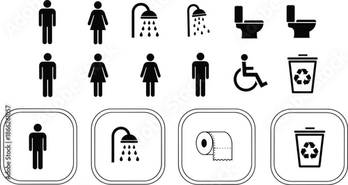Restroom icon collection featuring black and white vector designs of male female figures shower toilets paper rolls and recycling bins for signage.
