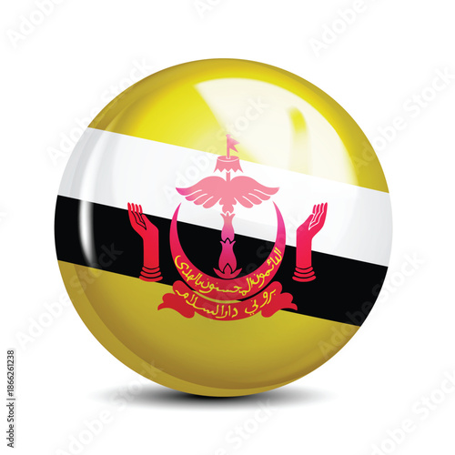 Brunei National Flag Sphere Icon Glossy Button 3D Vector Illustration