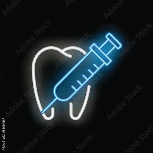 Blue neon style icon of a syringe injecting a tooth representing dental anesthesia
