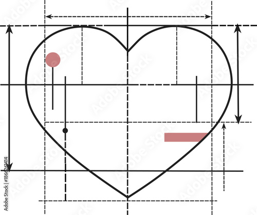 Minimalist conceptual illustration of a heart designed as a technical blueprint. Love shown as a structured, intentional system based on balance, planning and stability. Modern non-traditional Valenti
