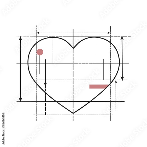 Minimalist conceptual illustration of a heart designed as a technical blueprint. Love shown as a structured, intentional system based on balance, planning and stability. Modern non-traditional Valenti