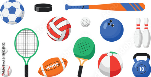 Sports equipment collection featuring flat vector designs of various balls including soccer football volleyball baseball a tennis racket bowling pins and kettlebell.