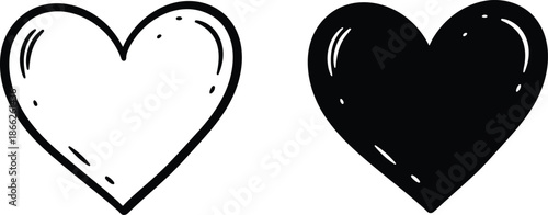 Two Black and White Hearts with Doodle Style on a White Background