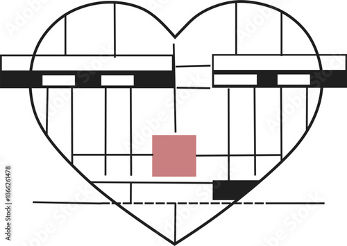 Conceptual illustration of a heart built as an architectural structure. Symbol of reliability, support and strong foundations in relationships. Modern minimalist Valentine’s Day artwork.