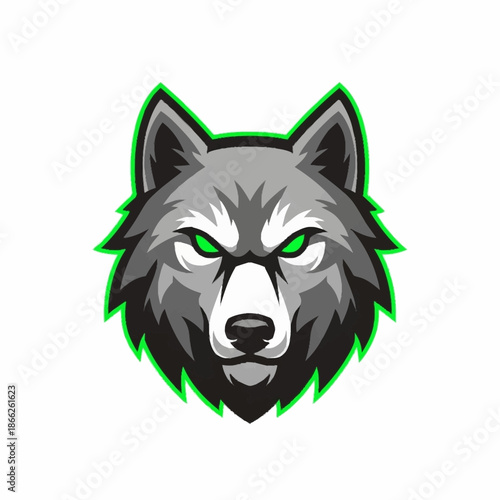 Intense Wolf Head Mascot with Glowing Green Eyes.