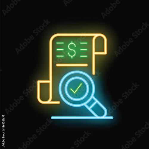 Neon icon style magnifying glass is hovering over a financial invoice document with a green check mark glowing