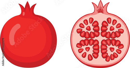 Red pomegranate fruit collection featuring flat vector designs of a whole pomegranate and a cross section showing seeds for healthy food design.