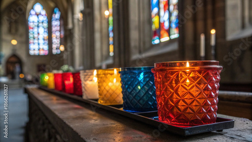 A row of colorful votive candles glows softly within a dimly lit church interior, casting warm light on a stone ledge near stained glass windows.