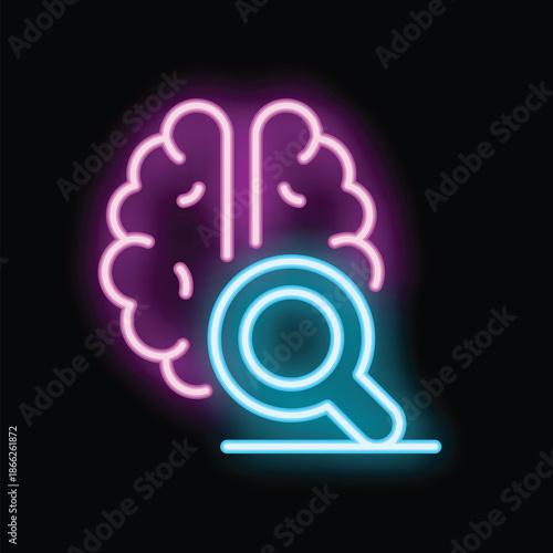 Neon sign of a magnifying glass examining a glowing brain representing the concept of psychology