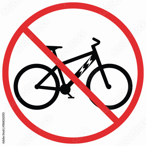 No electric bike parking sign featuring e-bike forbidden symbol, flat style vector illustration, suitable for traffic signage, public areas, urban planning, safety instructions, and regulatory graphic