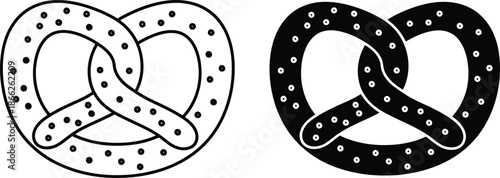 Two Pretzels Illustration Outline Version and Black Silhouette with Salt Detail on White
