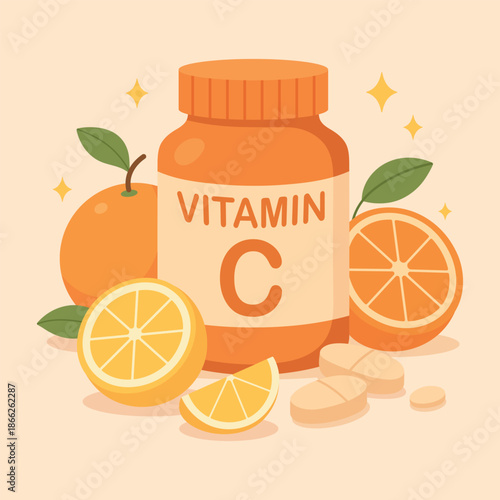 Vitamin C supplement bottle with citrus fruits, vector illustration. Healthy lifestyle concept, dietary supplements, and vitamins. Suitable for healthcare, immunity, nutrition, and medical themes.