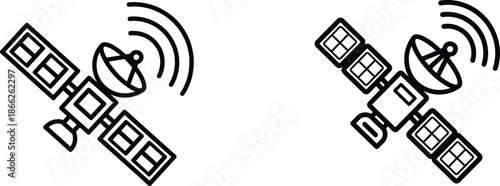 Two Satellite Icons Transmitting Signals, Communication Technology and Space Exploration Illustration in Black and White Style