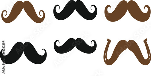 Mustache collection featuring flat vector designs of various facial hair styles including curly handlebars and horseshoe mustaches in brown and black colors.