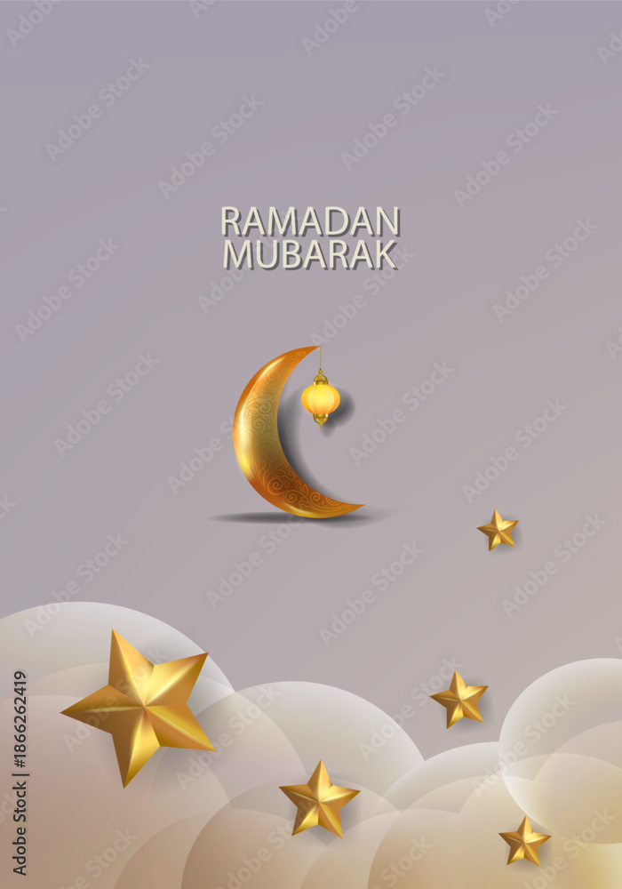 Naklejka premium Ramadan Mubarak lantern, star, crescent moon, mosque and decorative element for Islamic greeting card, banner, poster, cover design.