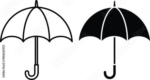 Two Umbrellas One Outline Version, One Filled Solid Black, Both with J Handles and Closed