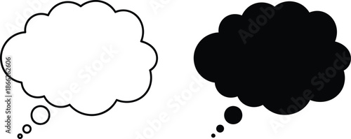 Two Thought Bubbles One Outline, One Filled Black Cloud on a White Background