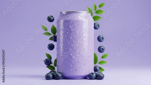 A refreshing can of blueberry beverage surrounded by fresh blueberries and leaves