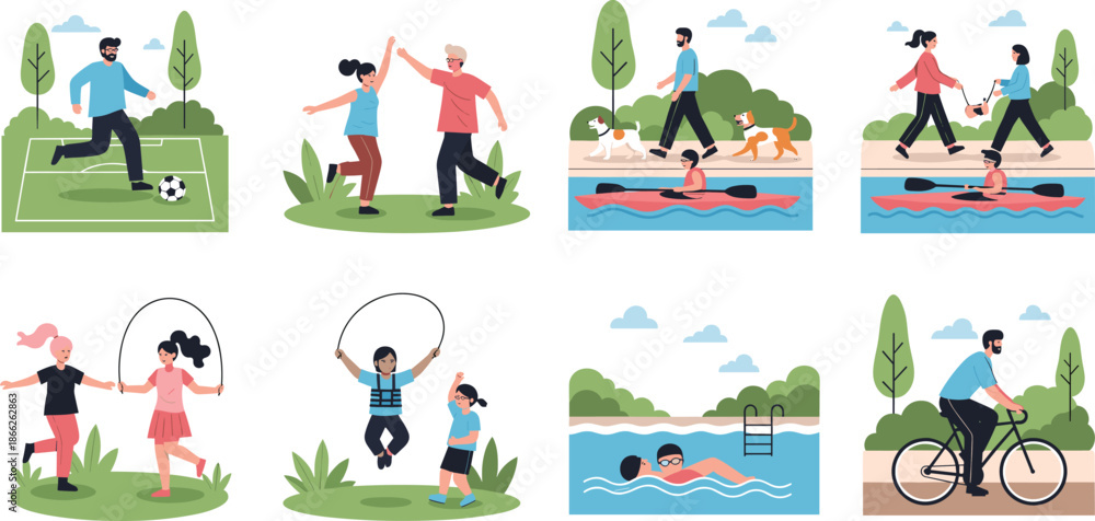 Fototapeta premium People Enjoying Outdoor Sports and Recreational Activities Illustration Set Showing Soccer, Running, Swimming, Jump Rope, Cycling, and Healthy Lifestyle Scenes