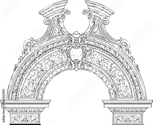 Ornate Architectural Arch Vector Drawing Black and White