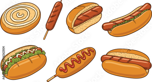 Hot dog and sausage collection featuring flat vector designs of classic hotdogs in buns corndogs and grilled sausages for fast food cafe.