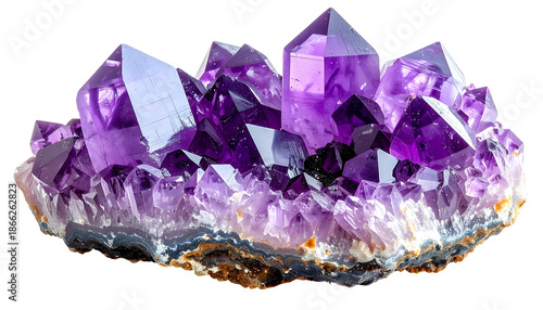 A close-up of a stunning cluster of purple crystals with sharp, multifaceted points