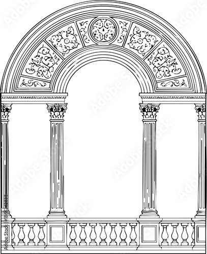 Elegant Classical Arch with Columns and Balustrade Engraving