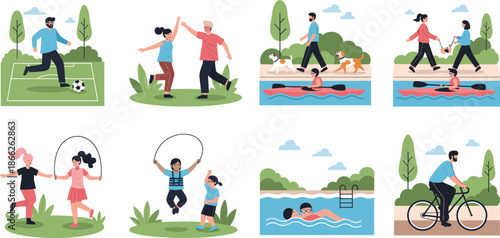 People Enjoying Outdoor Sports and Recreational Activities Illustration Set Showing Soccer, Running, Swimming, Jump Rope, Cycling, and Healthy Lifestyle Scenes