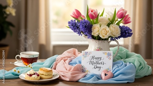 Happy mother's day celebration with flowers tea and sweets