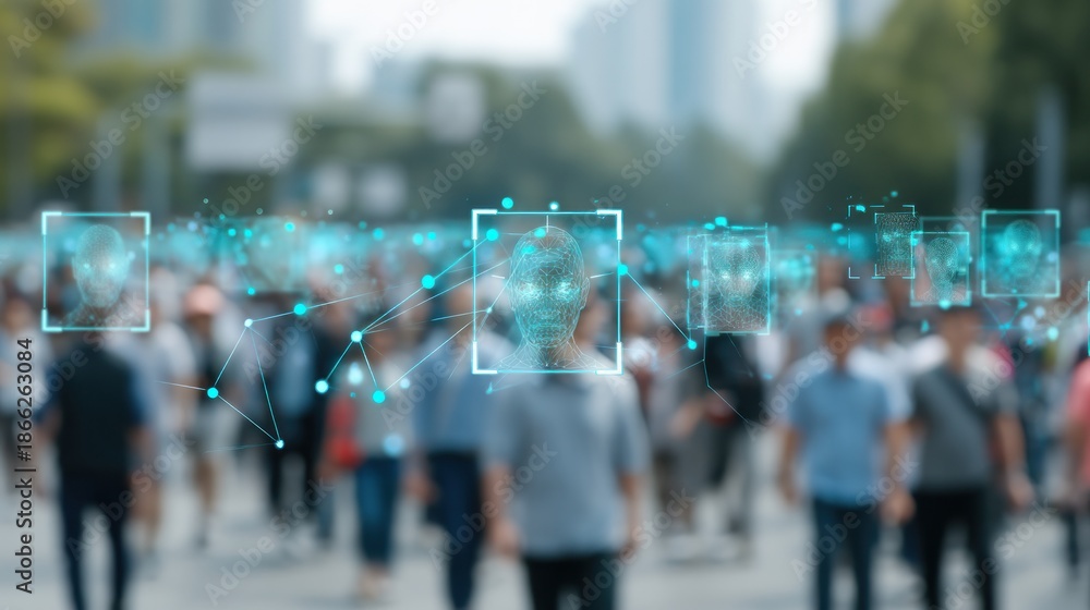 Fototapeta premium Facial recognition technology scanning crowd digital security