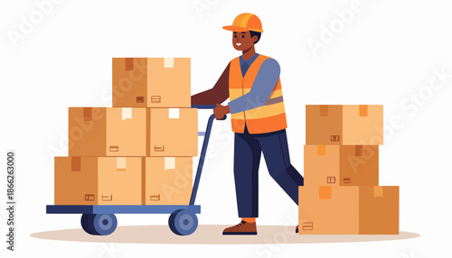 Professional delivery worker in a hard hat and safety vest efficiently handling and transporting cardboard boxes on a hand truck, symbolizing robust logistics and streamlined parcel services