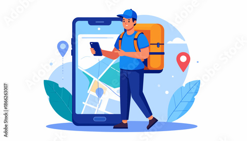 Efficient Online Delivery Service Concept with Mobile App Navigation, Illustrating a Courier Using a Digital Tablet to Track Orders and Pinpoint Destinations for Timely Customer Service